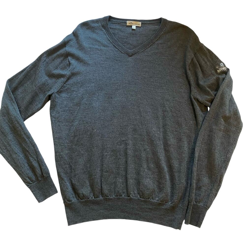 Peter Millar Sweater Mens Large Gray Merino Wool V-Neck Pullover Golf‎